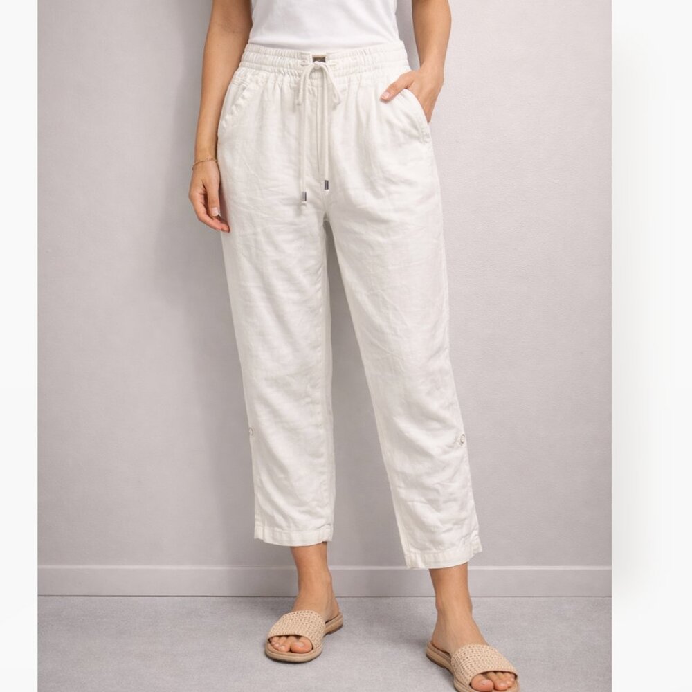 Point Zero Women’s Size 32 White Linen Ankle Crop Pants Drawstring